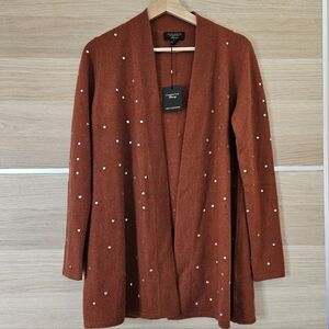 Charter Club Cashmere Open Front Cardigan Rust Brown Rhinestone Studded S NWT